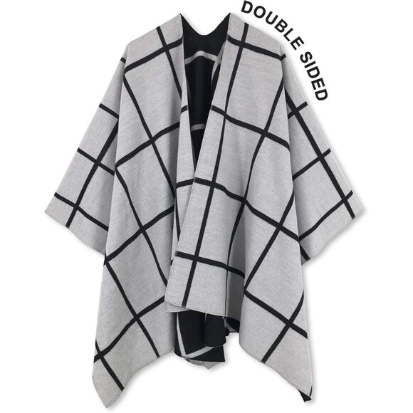 Women Shawl Wrap Poncho Ruana Cape Open Front Cardigan Fall Winter Black White - Picture 4 of 9